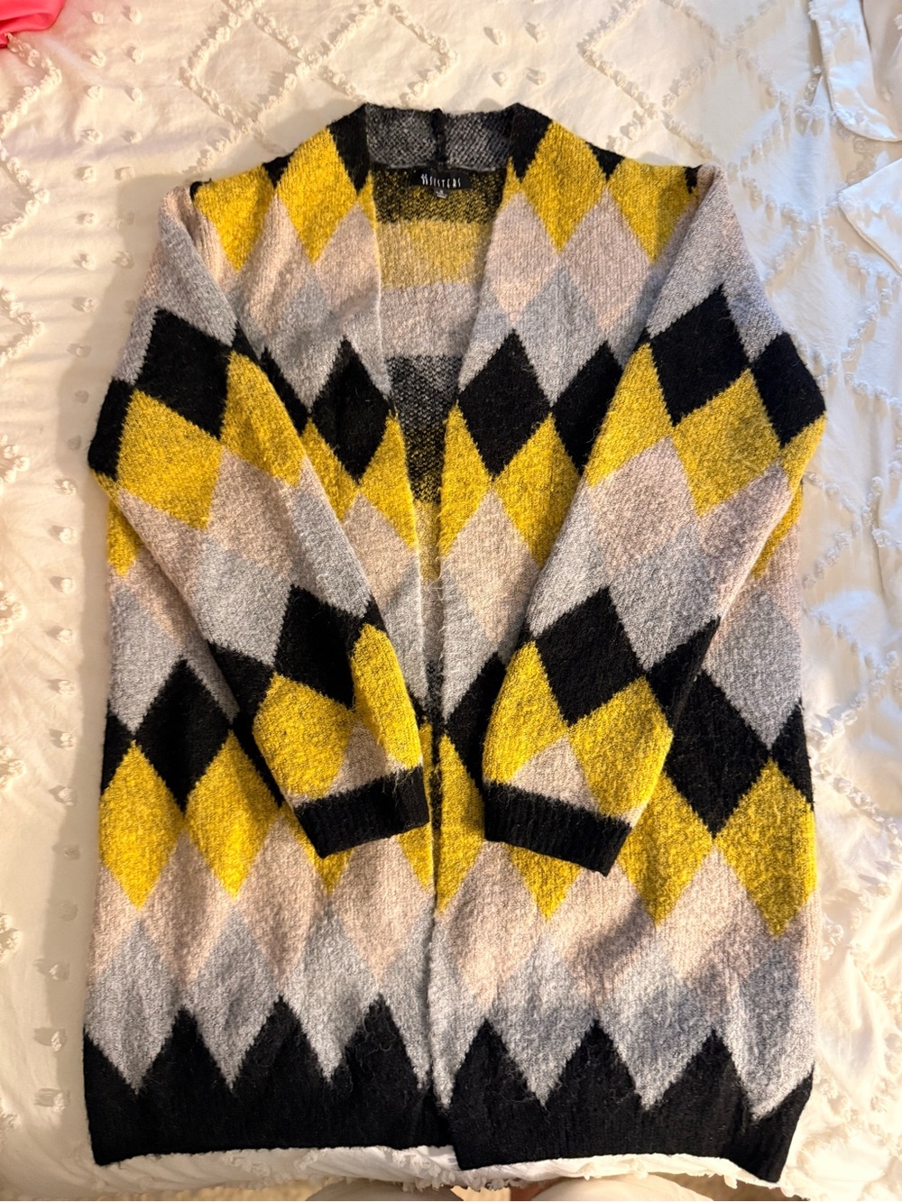 Skies Are Blue Open-Front Argyle Cardigan - Yellow, Black, Gray
